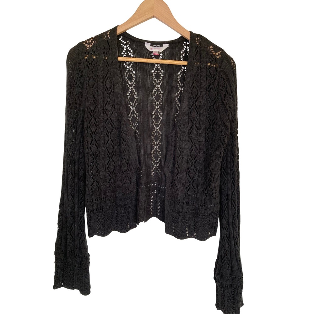 No Boundaries Black‎ Crochet Cropped Cardigan Bell Sleeve Pointelle Knit Large